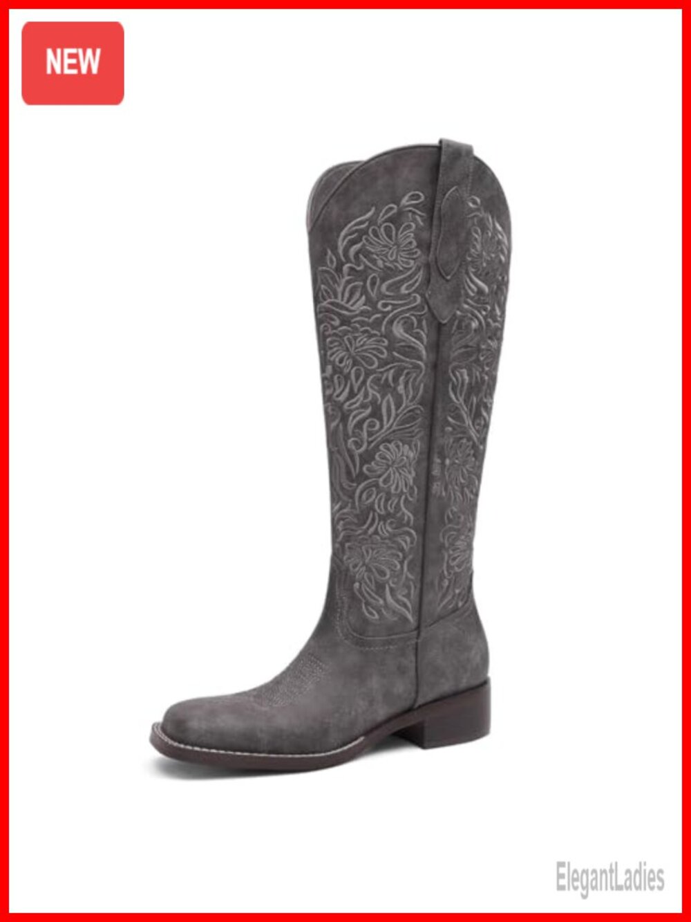 Embroidered Cowboy Boots Knee High Pull On Western Square Toe Low Block Heel